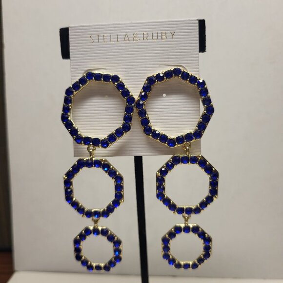 Stella & Ruby Blue Rhinestone Hexagon Statement Dangle Pierced Earrings Posh Art - Picture 1 of 7